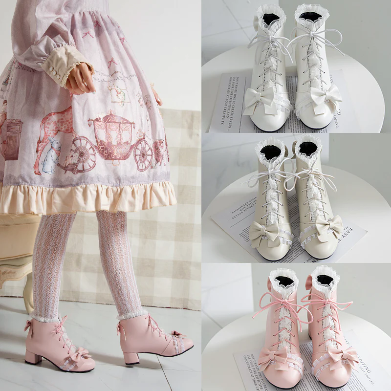 Sweet Princess Fairy Girl Bow Lace White Cream Pink High Heels Boots - Image 8
