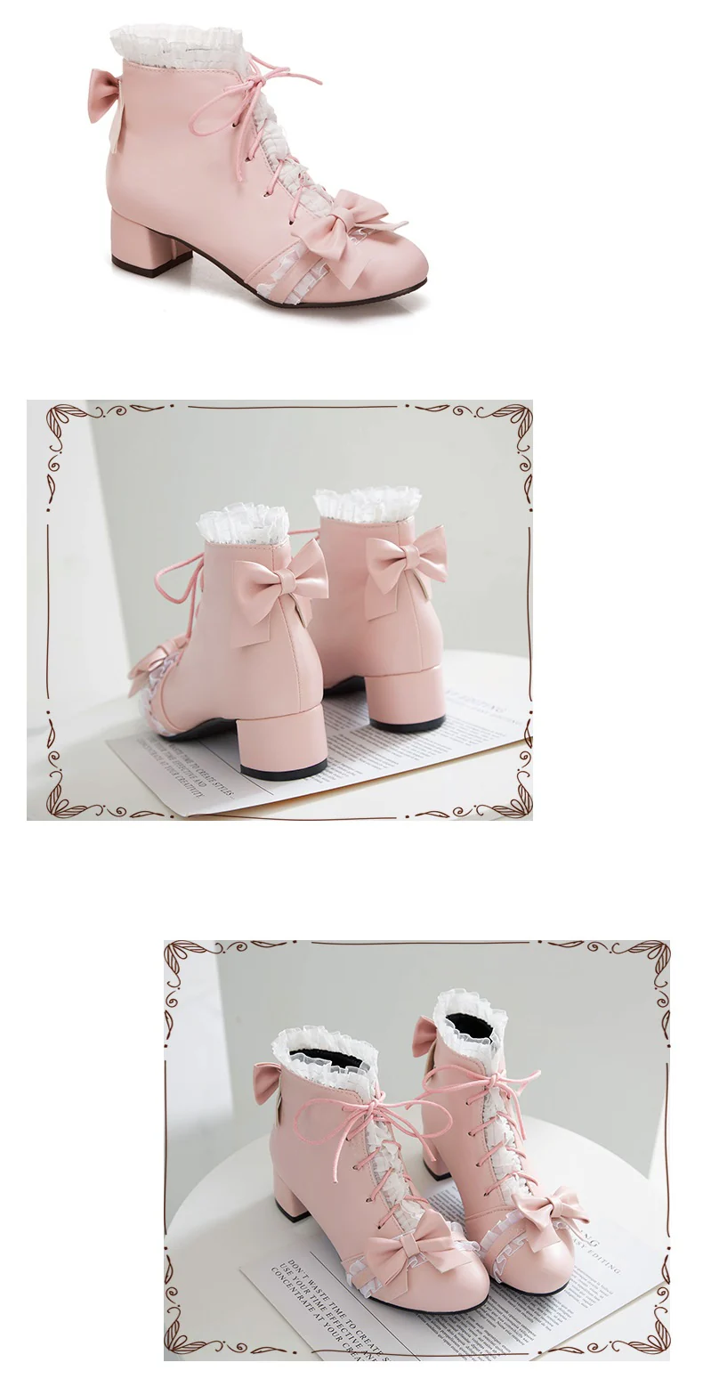 Sweet Princess Fairy Girl Bow Lace White Cream Pink High Heels Boots - Image 9