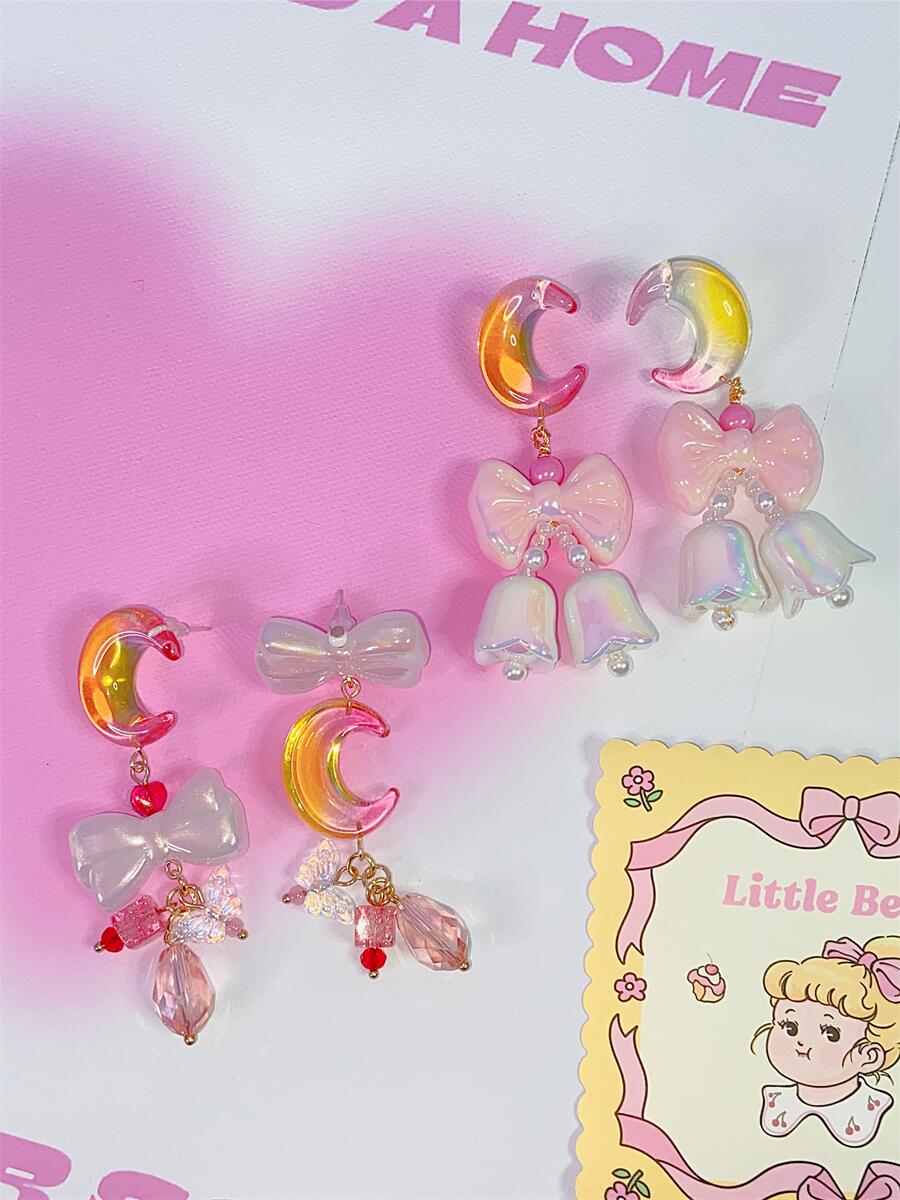 Jelly Crescent Moon Bow Cute Sweet Earrings - Image 4