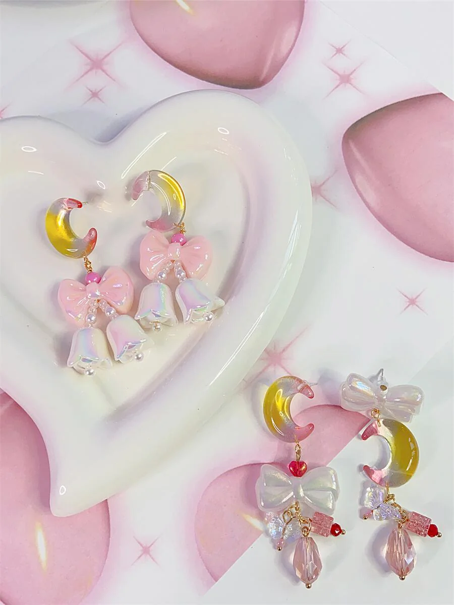 Jelly Crescent Moon Bow Cute Sweet Earrings - Image 5