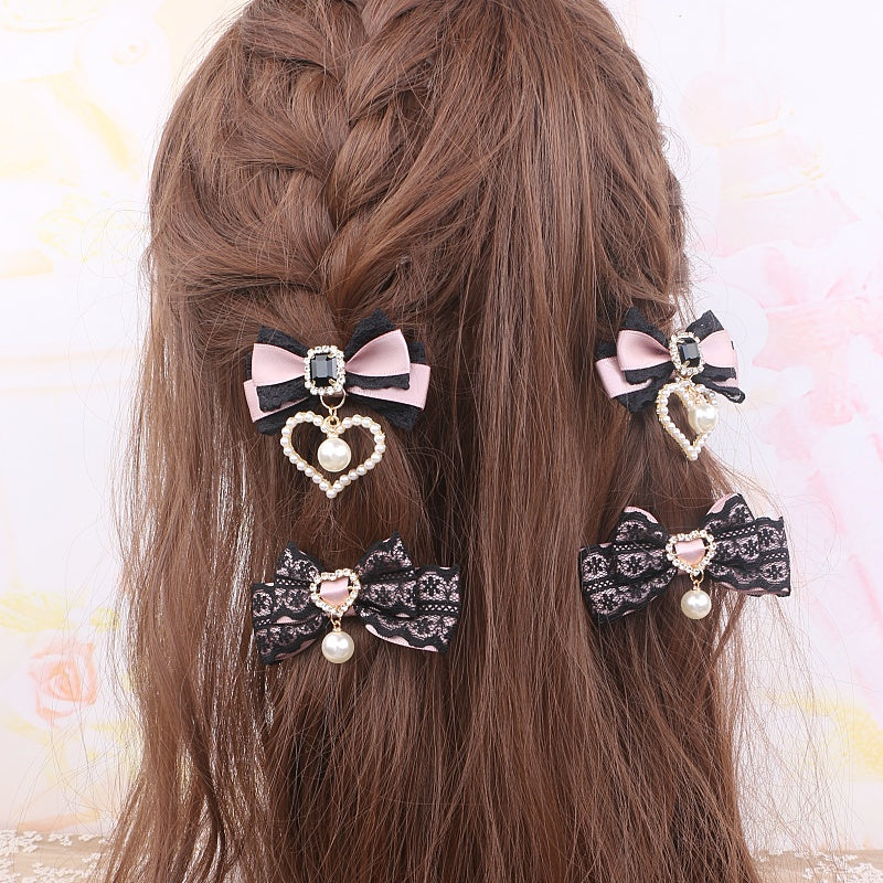Jirai Kei Pearl Extra Love Bows Heart Hair Clips Hair Accessories