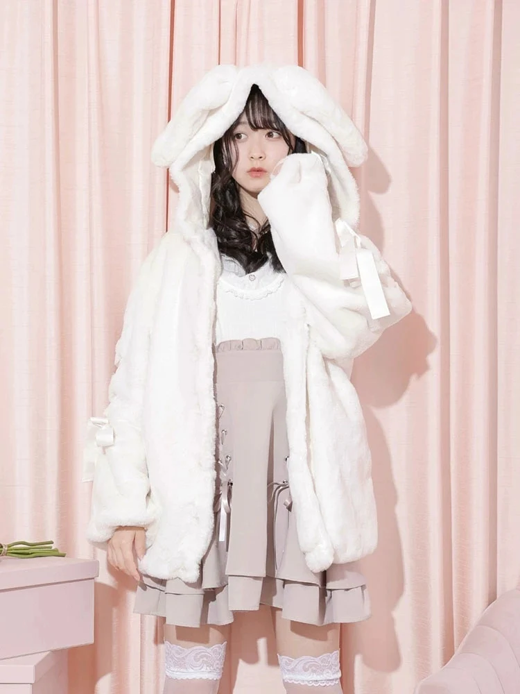 Jirai Kei Pink White Black Rabbit Ears Thick Winter Hoodie Jacket - Image 3