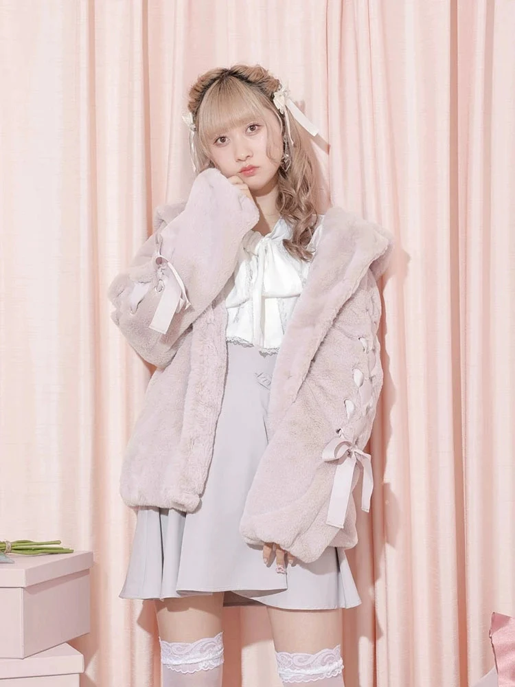Jirai Kei Pink White Black Rabbit Ears Thick Winter Hoodie Jacket - Image 4