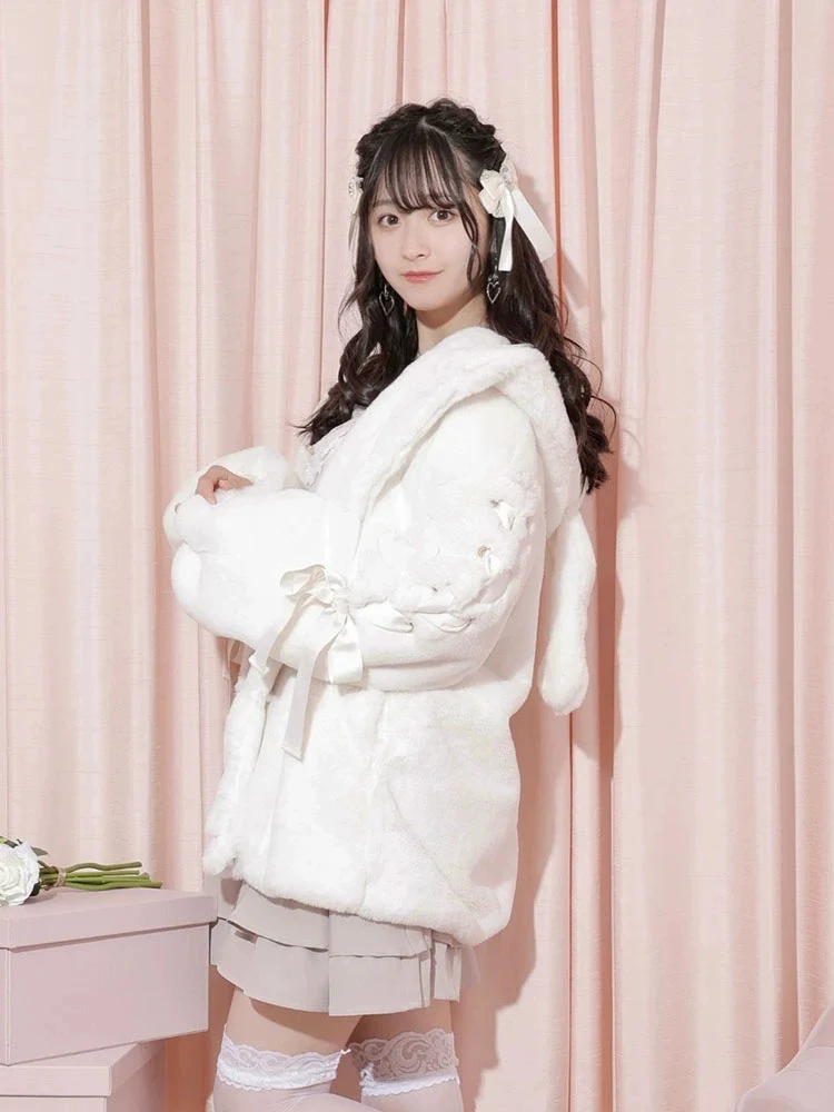 Jirai Kei Pink White Black Rabbit Ears Thick Winter Hoodie Jacket - Image 5