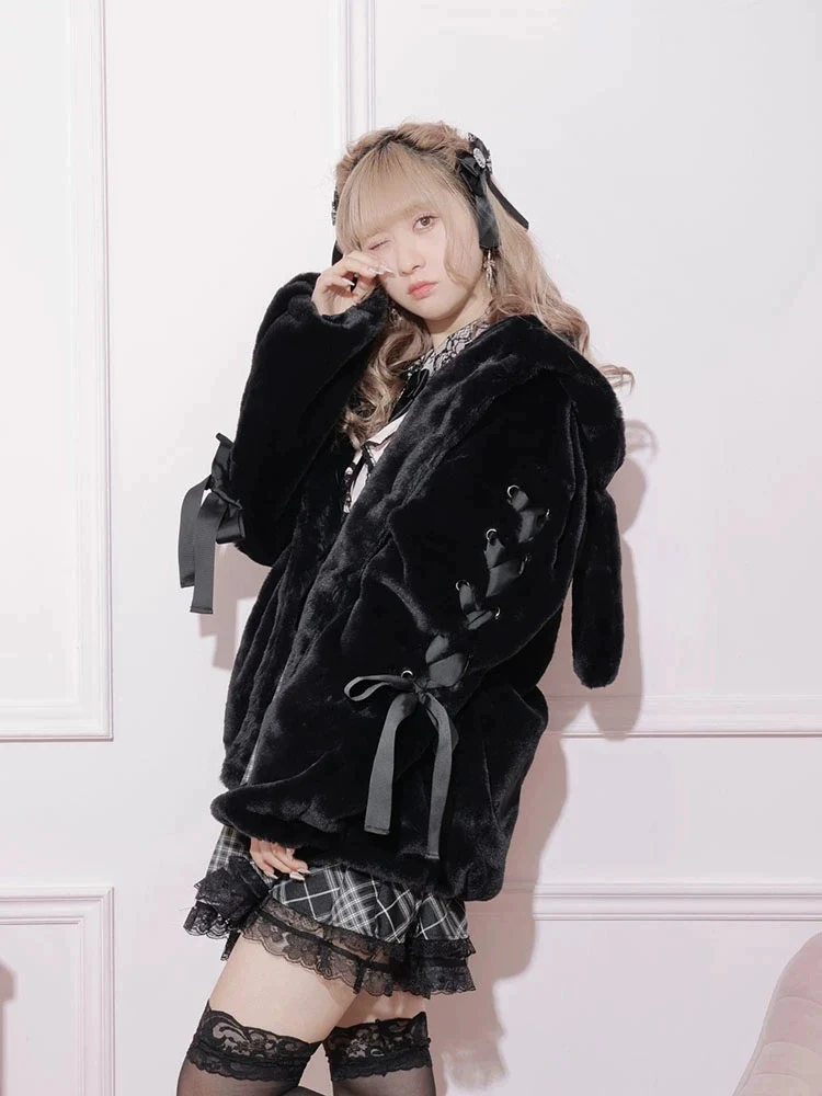 Jirai Kei Pink White Black Rabbit Ears Thick Winter Hoodie Jacket - Image 6