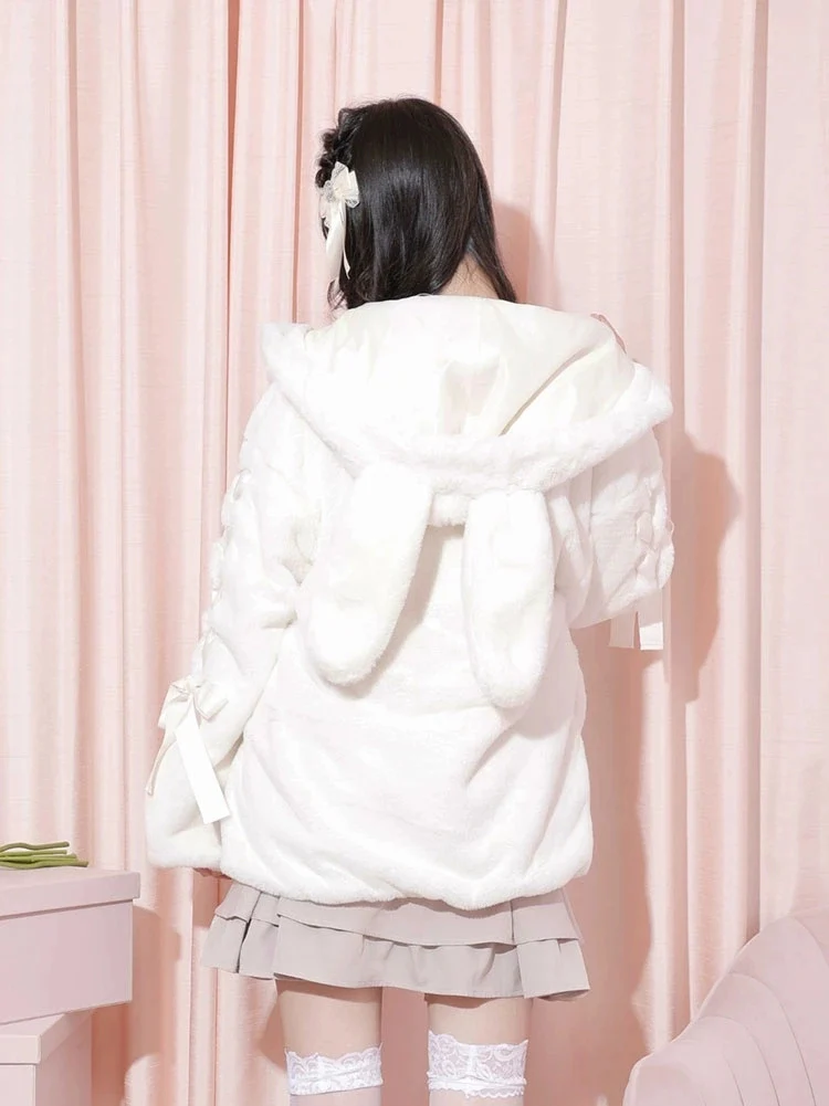 Jirai Kei Pink White Black Rabbit Ears Thick Winter Hoodie Jacket - Image 8