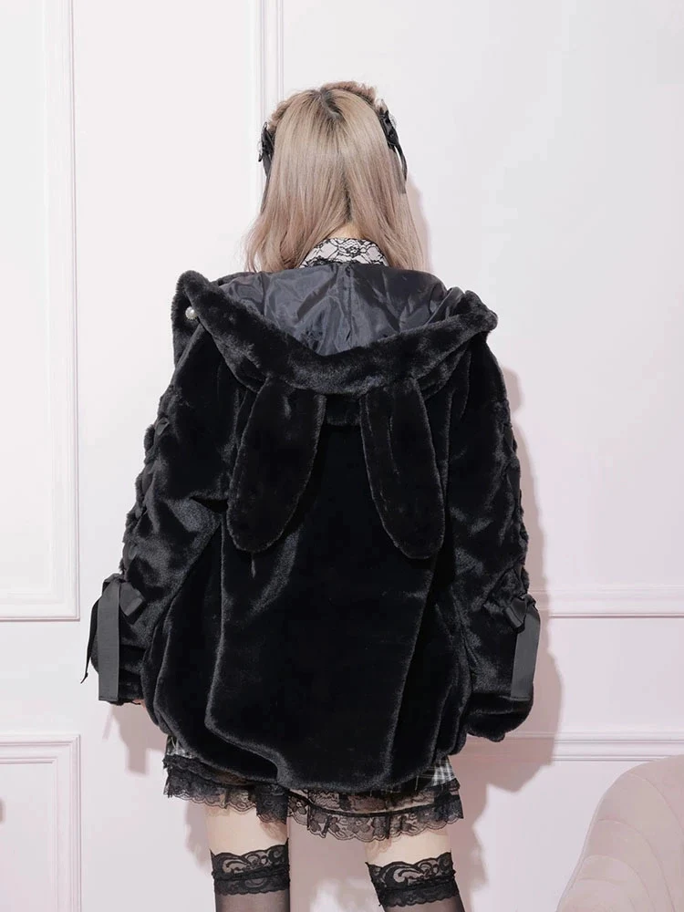 Jirai Kei Pink White Black Rabbit Ears Thick Winter Hoodie Jacket - Image 9
