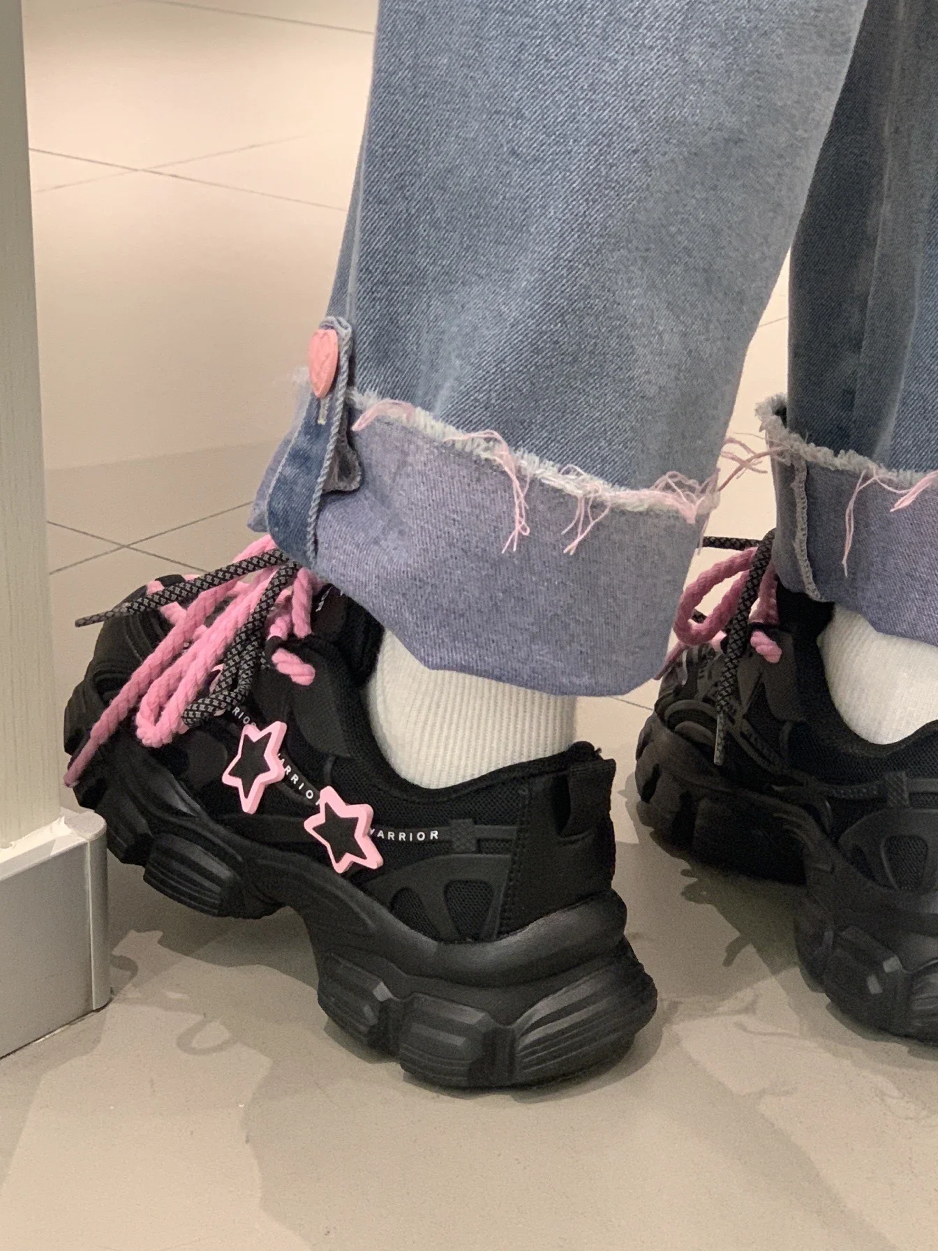 Pink Stars Y2K Girl Thick Soles Black Sporty Sneakers Running Shoes - Image 3