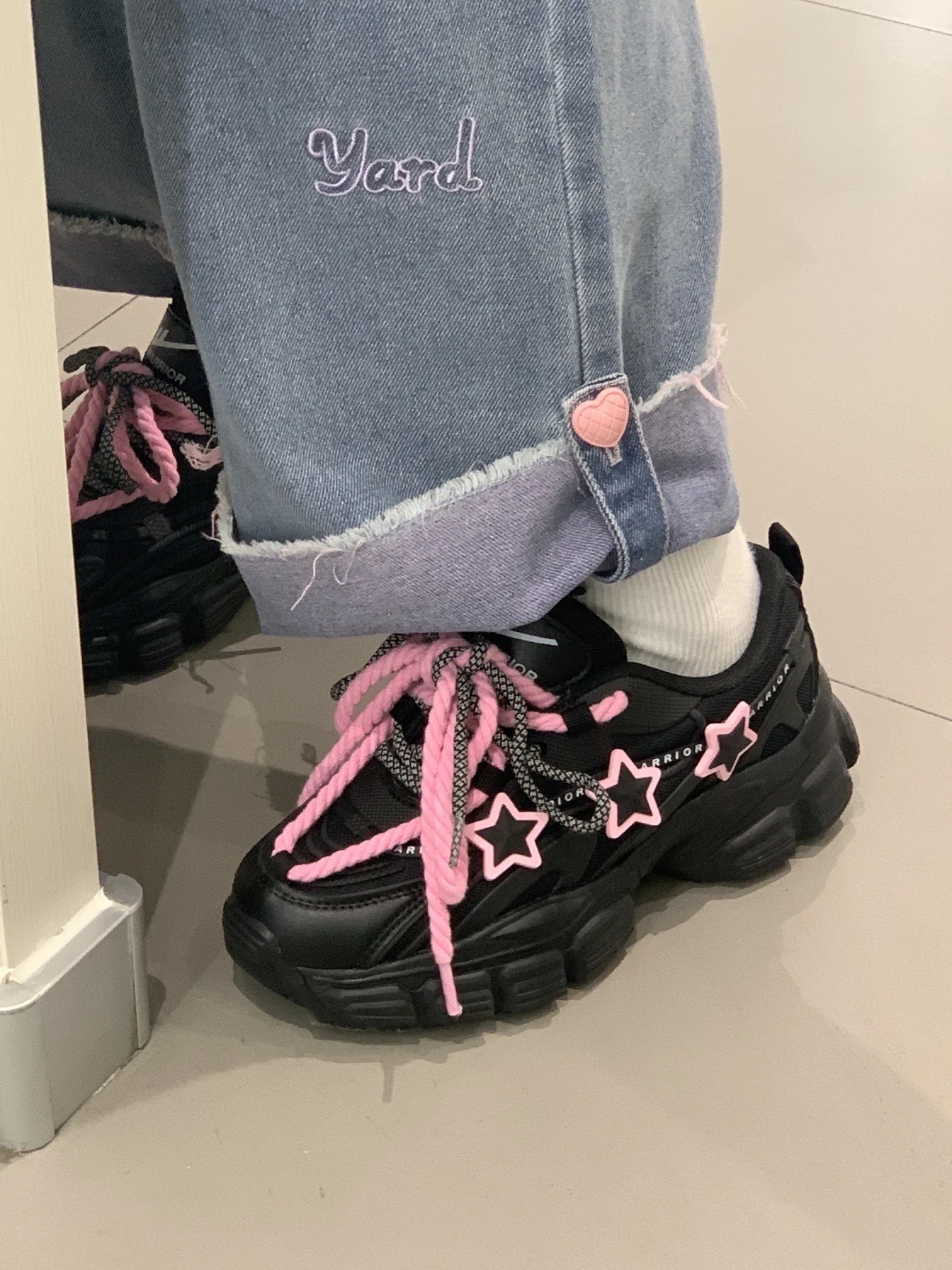 Pink Stars Y2K Girl Thick Soles Black Sporty Sneakers Running Shoes - Image 4