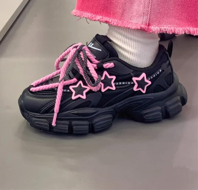 Pink Stars Y2K Girl Thick Soles Black Sporty Sneakers Running Shoes - Image 5