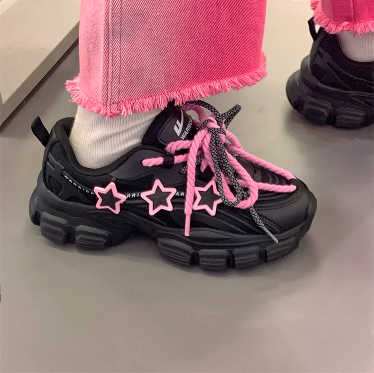 Pink Stars Y2K Girl Thick Soles Black Sporty Sneakers Running Shoes - Image 7
