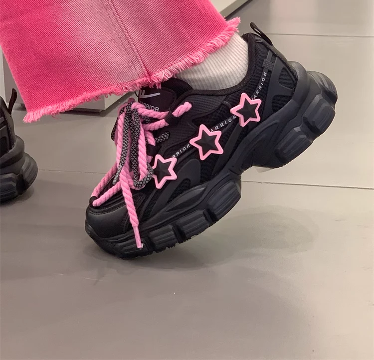 Pink Stars Y2K Girl Thick Soles Black Sporty Sneakers Running Shoes - Image 9
