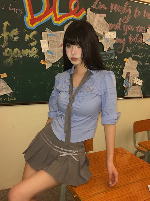 Kiki Academia Anime Senior Pink Blue Gray Shirt Top & Skirt Two Piece Set - Image 7
