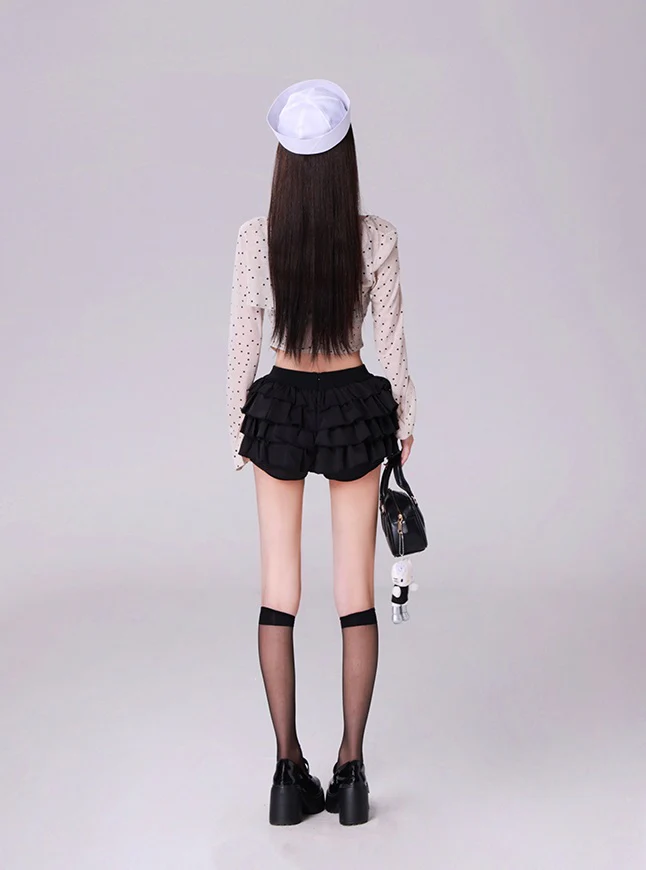 Kiki Good Girl Polka Dot Black White Cami Cardigan Velvet Skirt Three Piece Set - Image 5