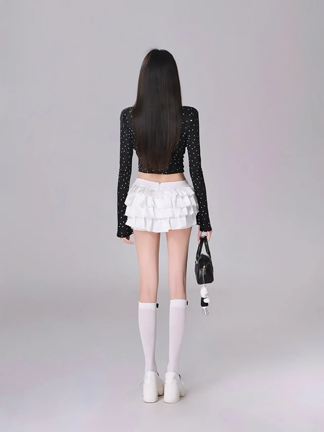 Kiki Good Girl Polka Dot Black White Cami Cardigan Velvet Skirt Three Piece Set - Image 6