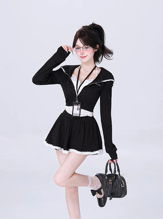 Kiki Idol Trainee Gray Black Hoodie & Skirt Two Piece Set - Image 3