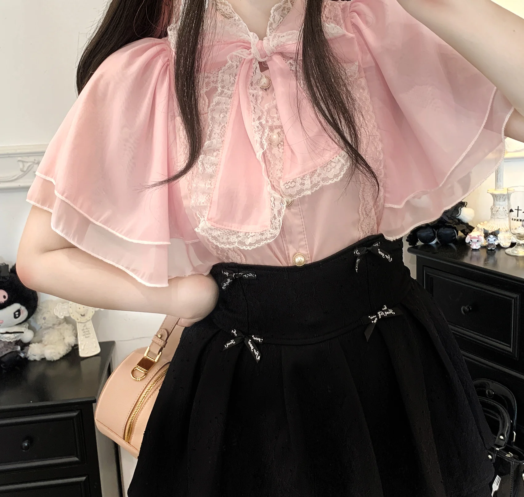Kitten Bullet Butterfly Princess Pink Black White Blouse Top - Image 3