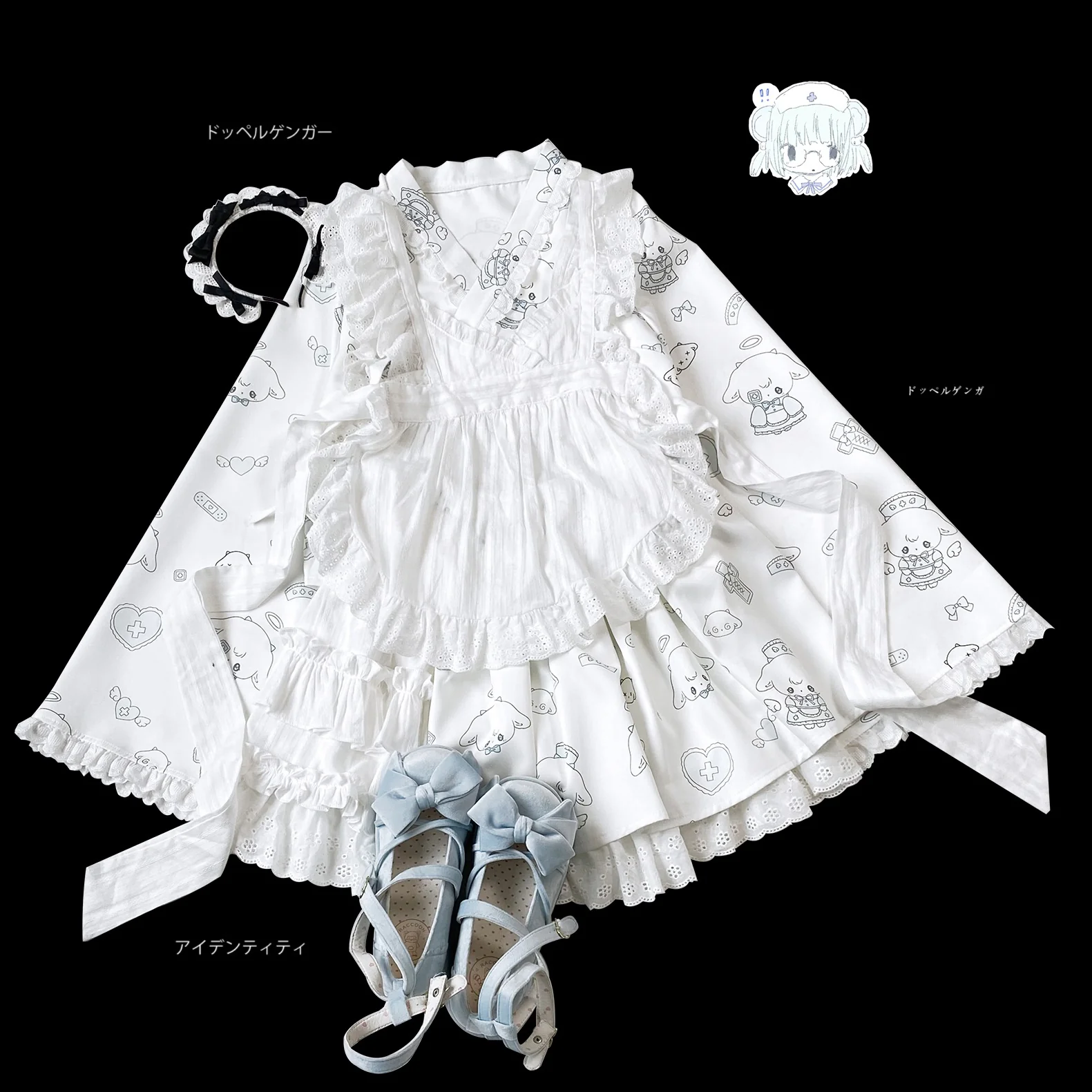 Kitten Bullet Healing Therapy Blue Black White Kimono Apron Skirt Three Piece Set - Image 3