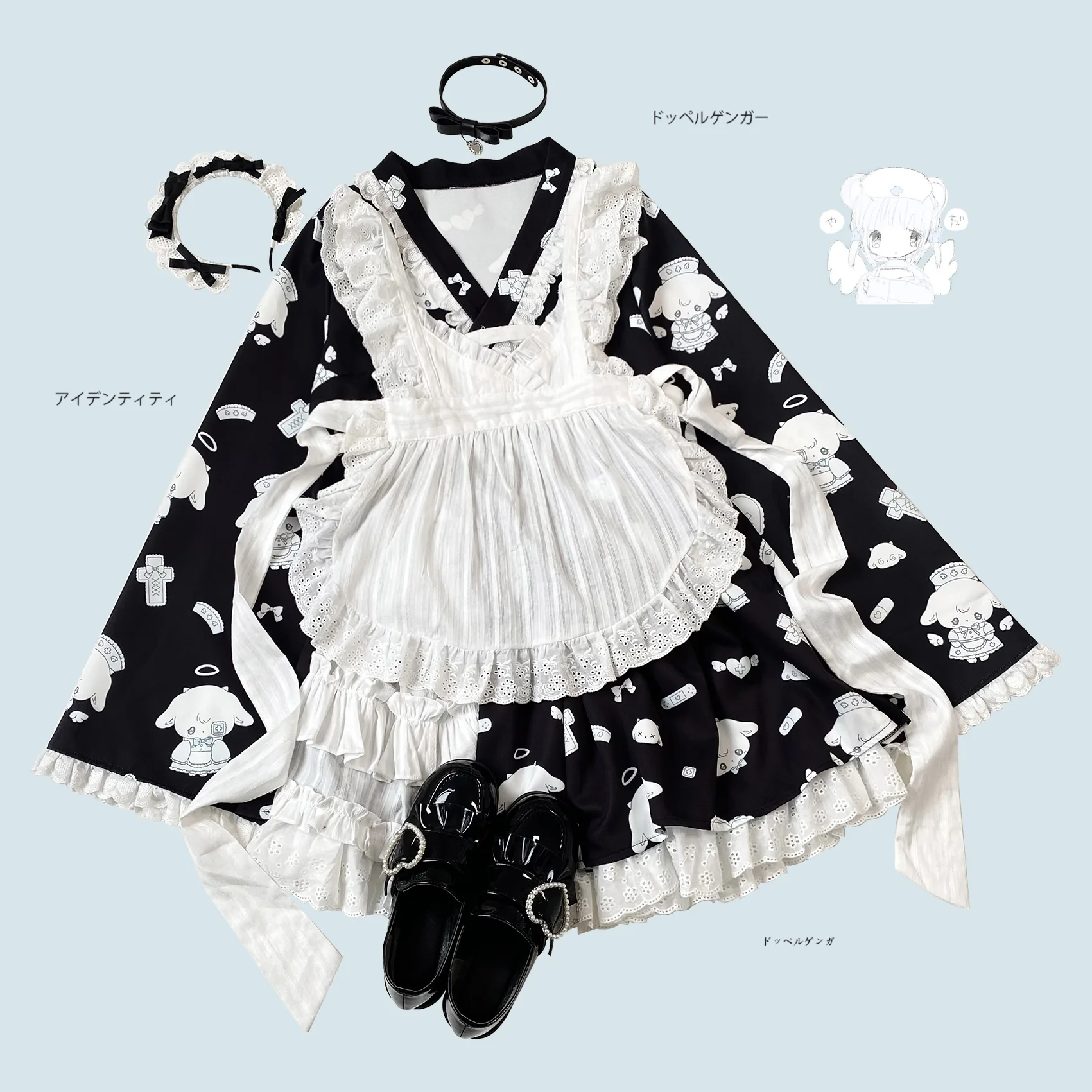 Kitten Bullet Healing Therapy Blue Black White Kimono Apron Skirt Three Piece Set - Image 4