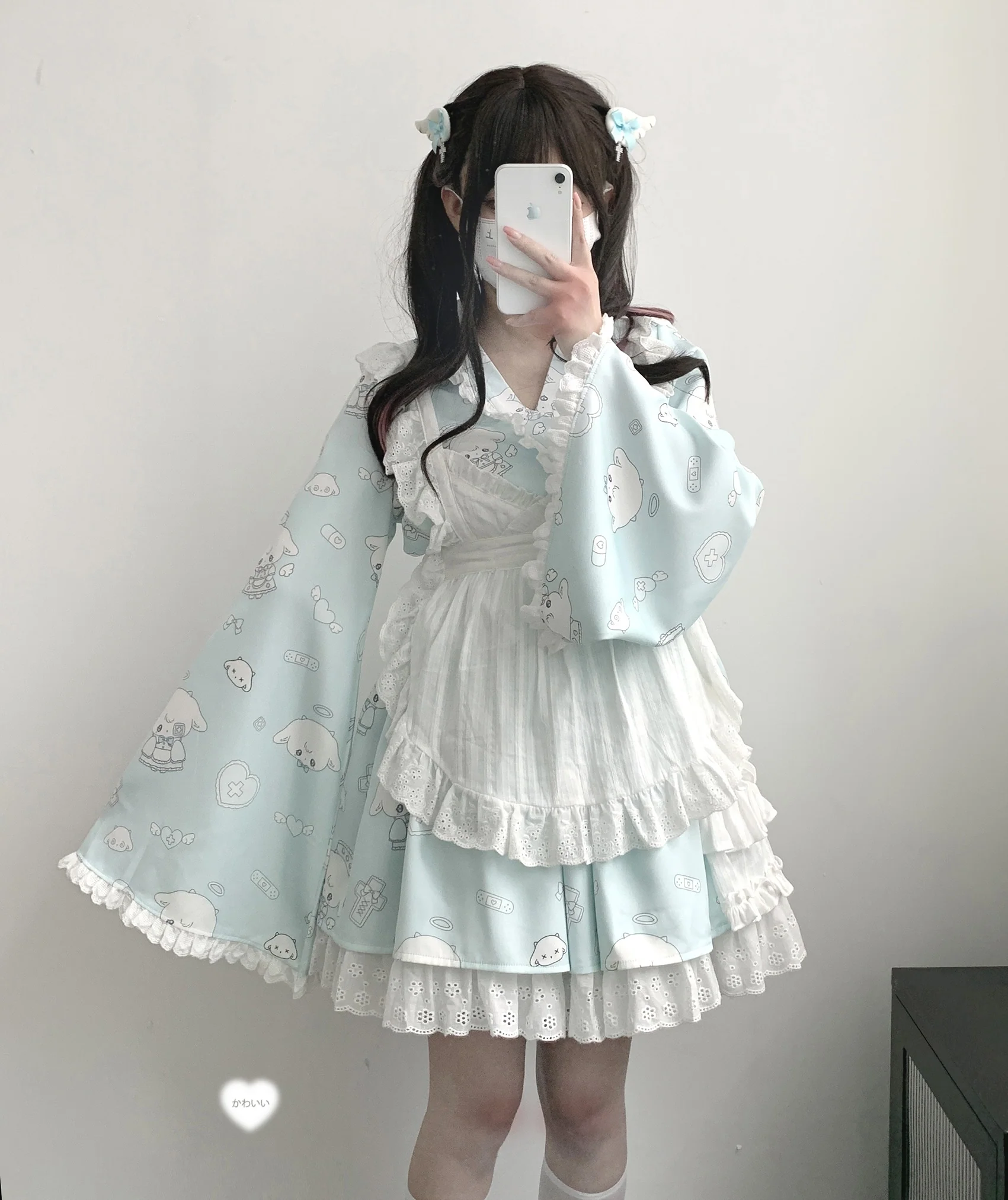 Kitten Bullet Healing Therapy Blue Black White Kimono Apron Skirt Three Piece Set - Image 5