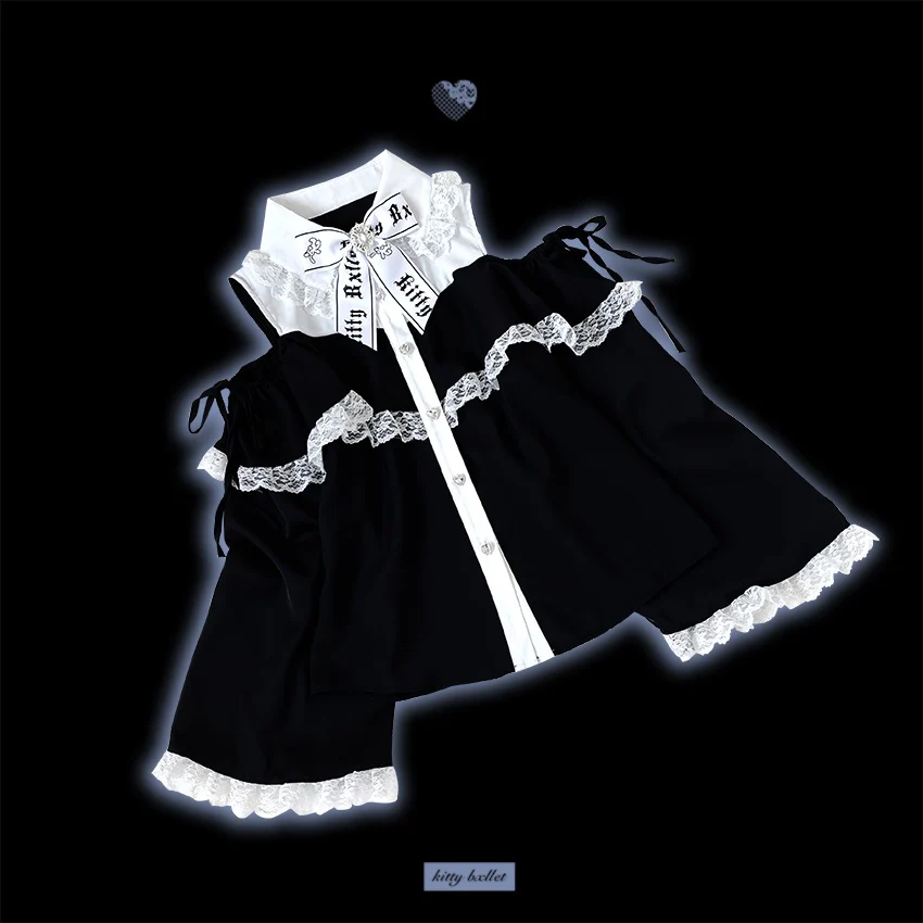 Kitten Bullet Heart Gem Off Shoulder Pink Blue Black White Blouse Top - Image 11