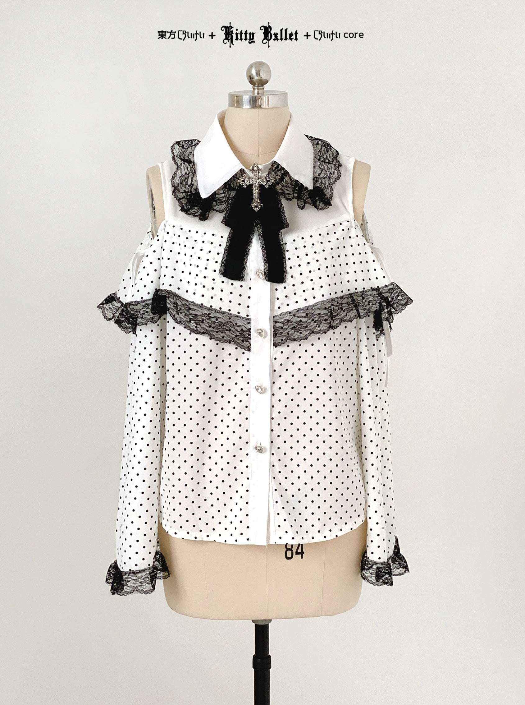 Kitten Bullet Heart Gem Ribbon Polka Dot Blouse Top - Image 2