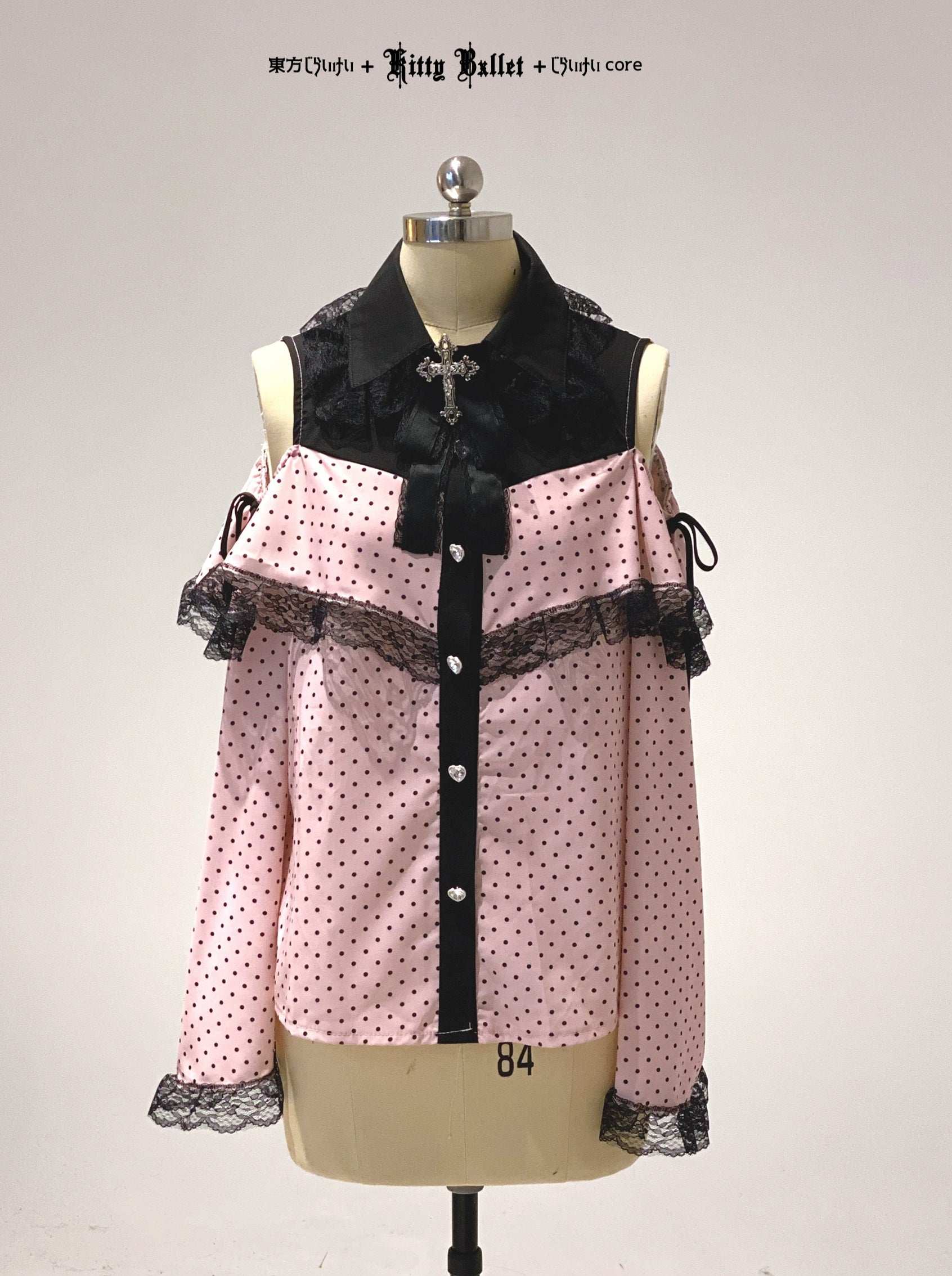 Kitten Bullet Heart Gem Ribbon Polka Dot Blouse Top - Image 3