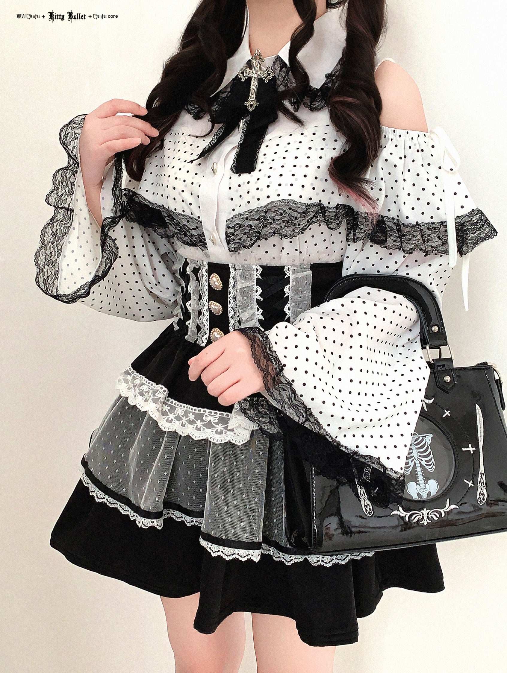 Kitten Bullet Heart Gem Ribbon Polka Dot Blouse Top - Image 4