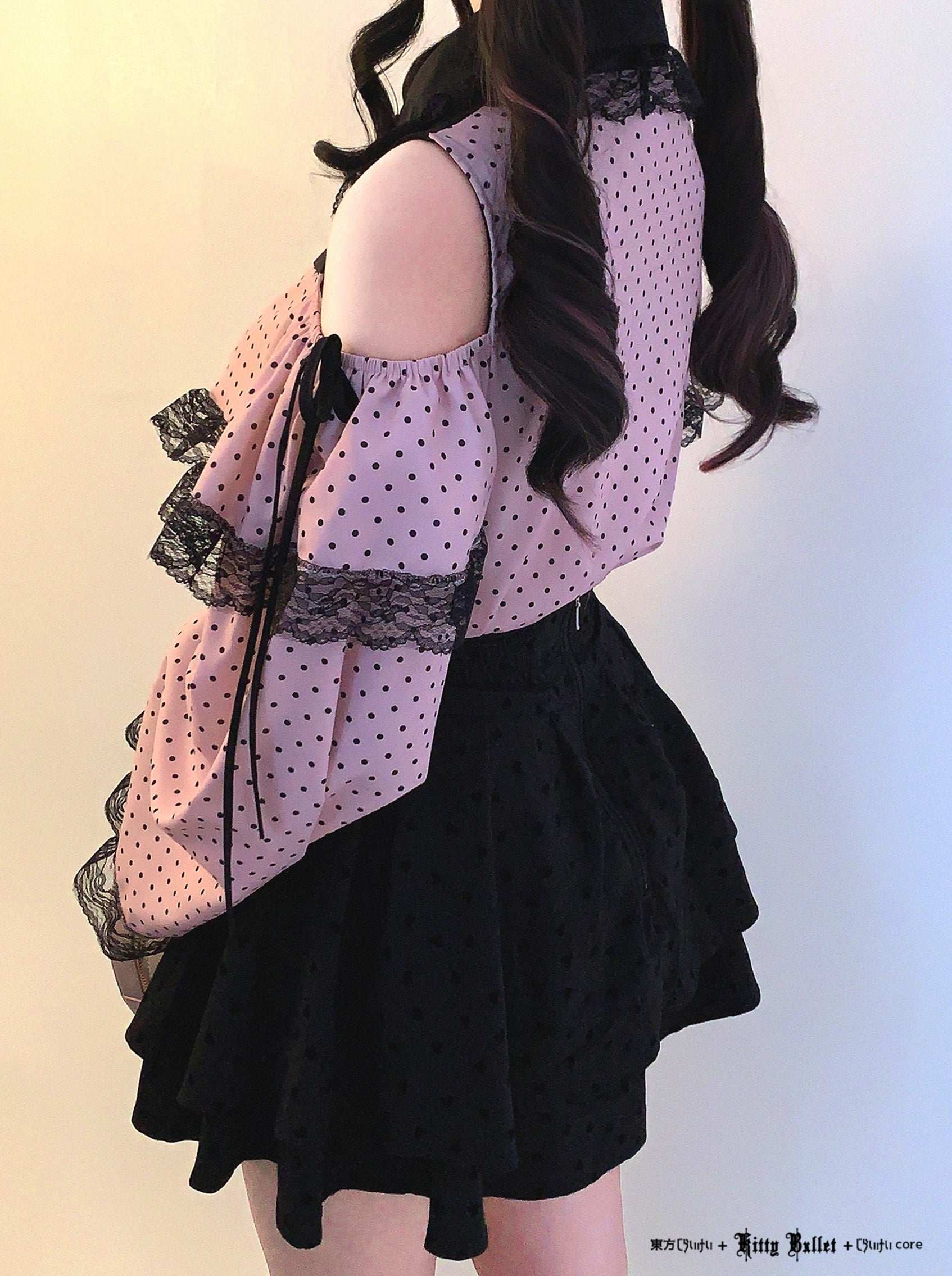 Kitten Bullet Heart Gem Ribbon Polka Dot Blouse Top - Image 5