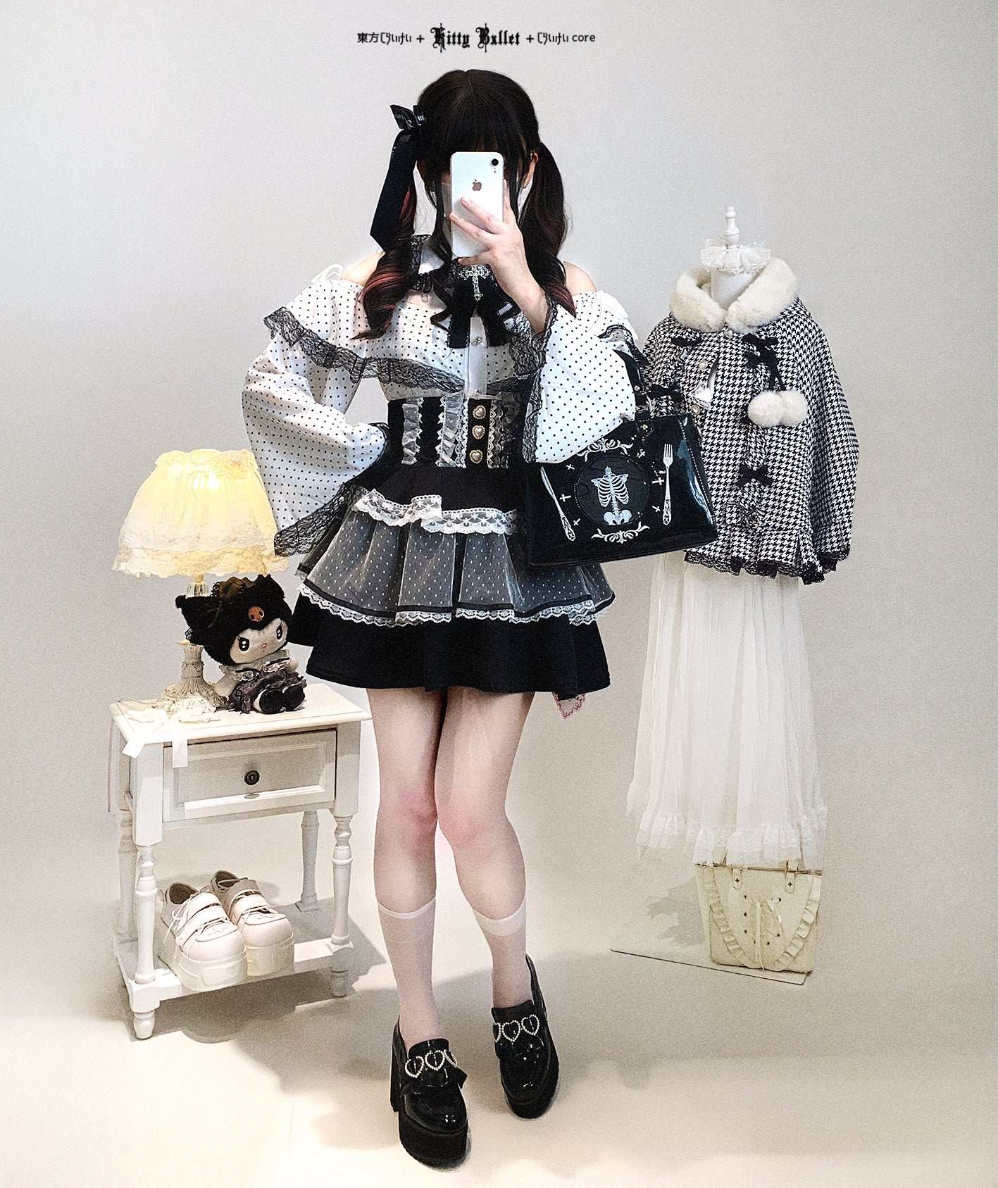 Kitten Bullet Heart Gem Ribbon Polka Dot Blouse Top - Image 6