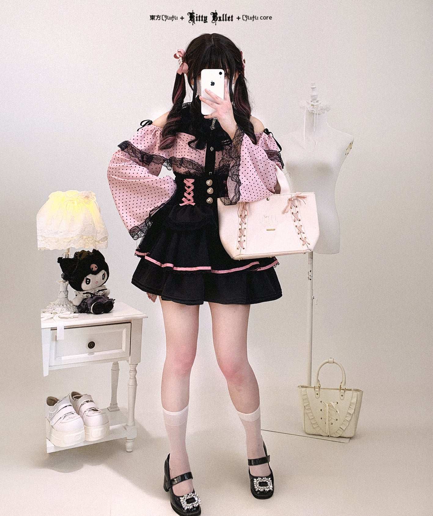 Kitten Bullet Heart Gem Ribbon Polka Dot Blouse Top - Image 7