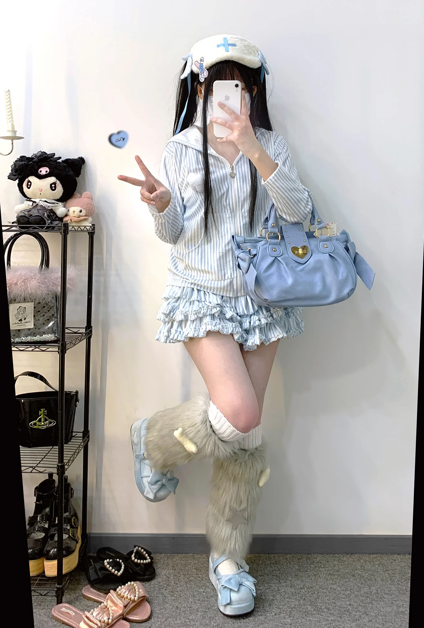 Kitten Bullet Heavenly Hospital Striped Blue Black Rabbit Ears Hoodie Skirt Two Piece Set - Image 3