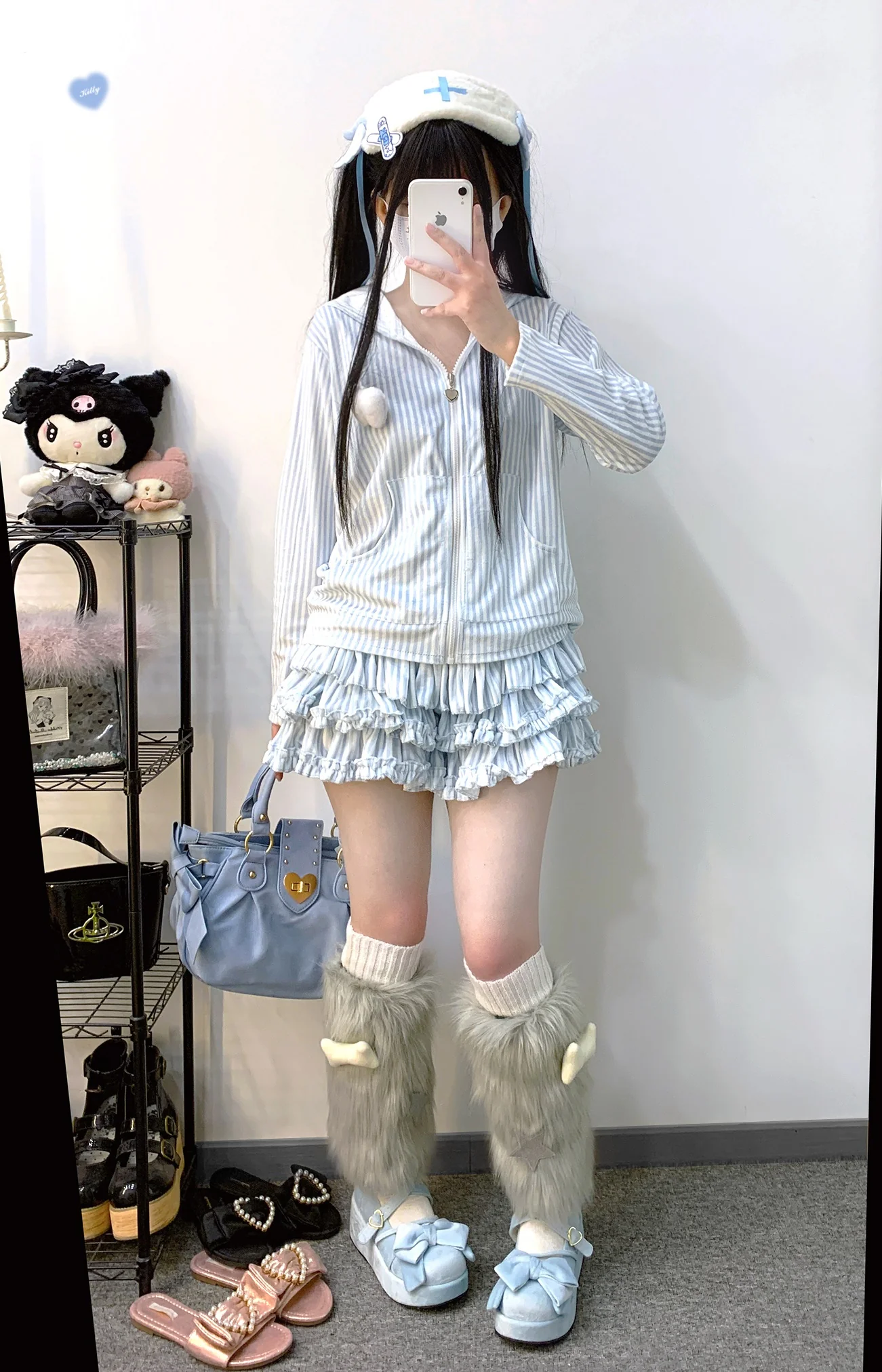 Kitten Bullet Heavenly Hospital Striped Blue Black Rabbit Ears Hoodie Skirt Two Piece Set - Image 4