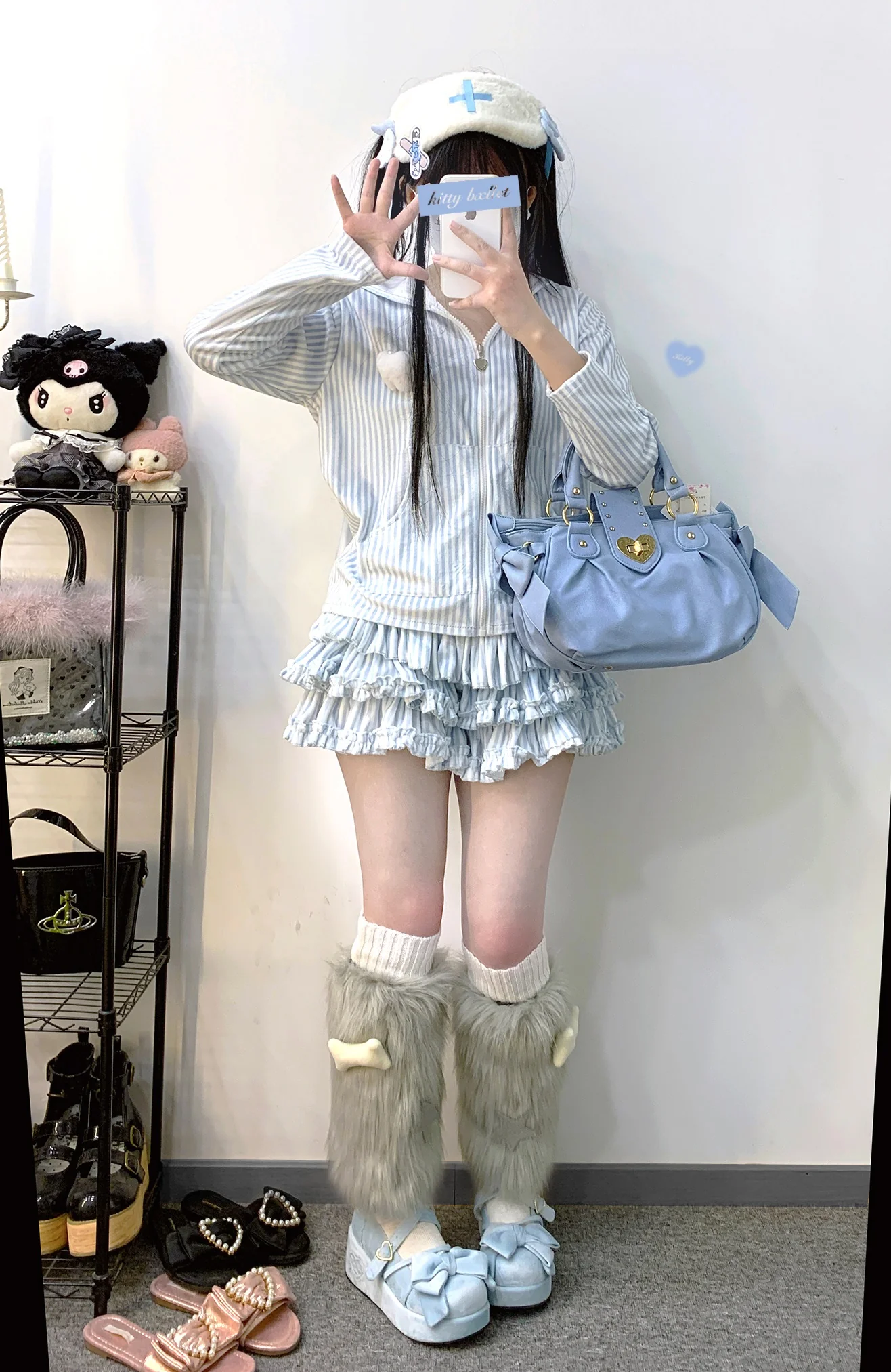 Kitten Bullet Heavenly Hospital Striped Blue Black Rabbit Ears Hoodie Skirt Two Piece Set - Image 5