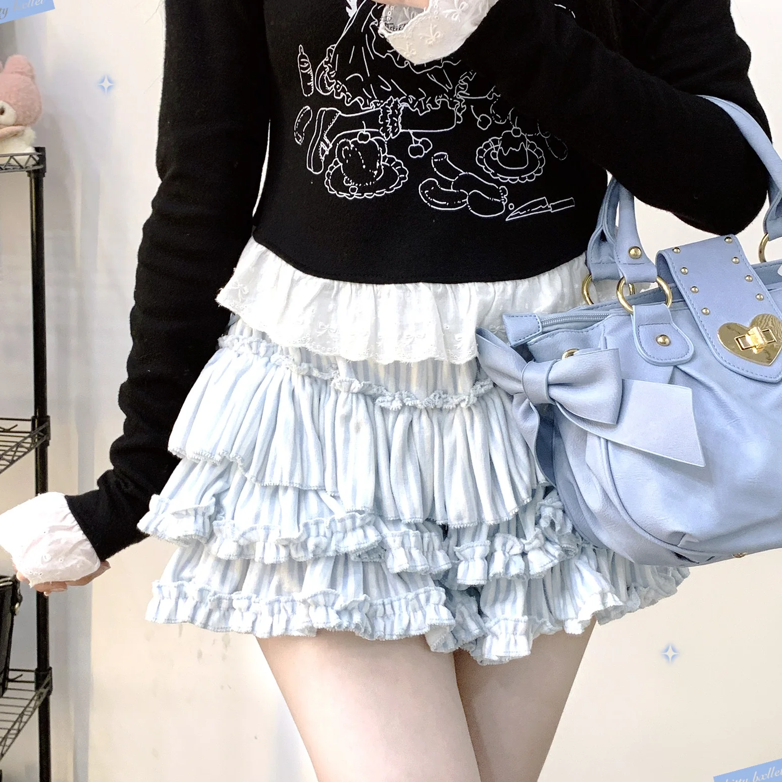 Kitten Bullet Heavenly Hospital Striped Blue Black Rabbit Ears Hoodie Skirt Two Piece Set - Image 6