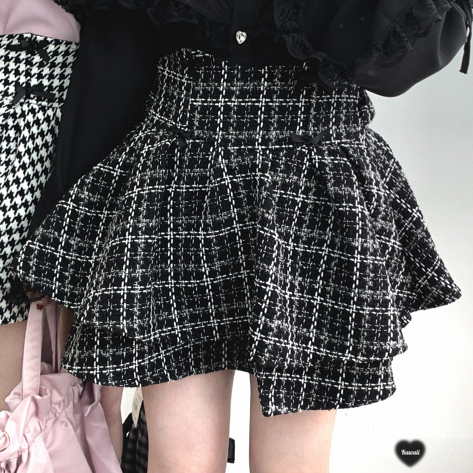 Kitten Bullet Love Ban Plaid Black White Skirt - Image 3
