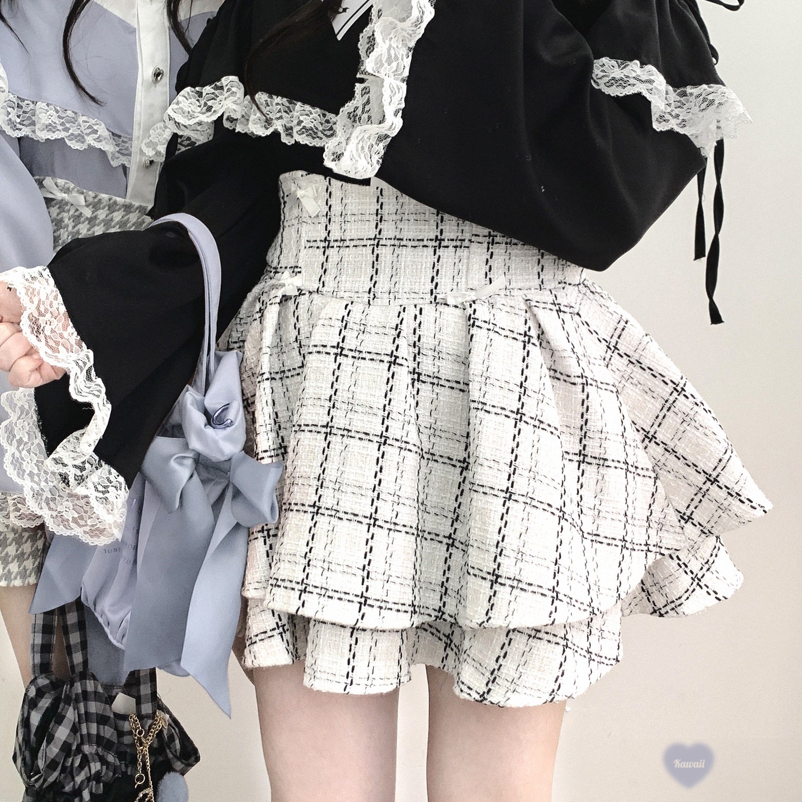 Kitten Bullet Love Ban Plaid Black White Skirt - Image 4
