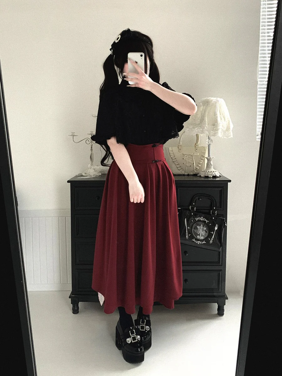 Kitten Bullet Love Ban Red Black Long Maxi Skirt - Image 5