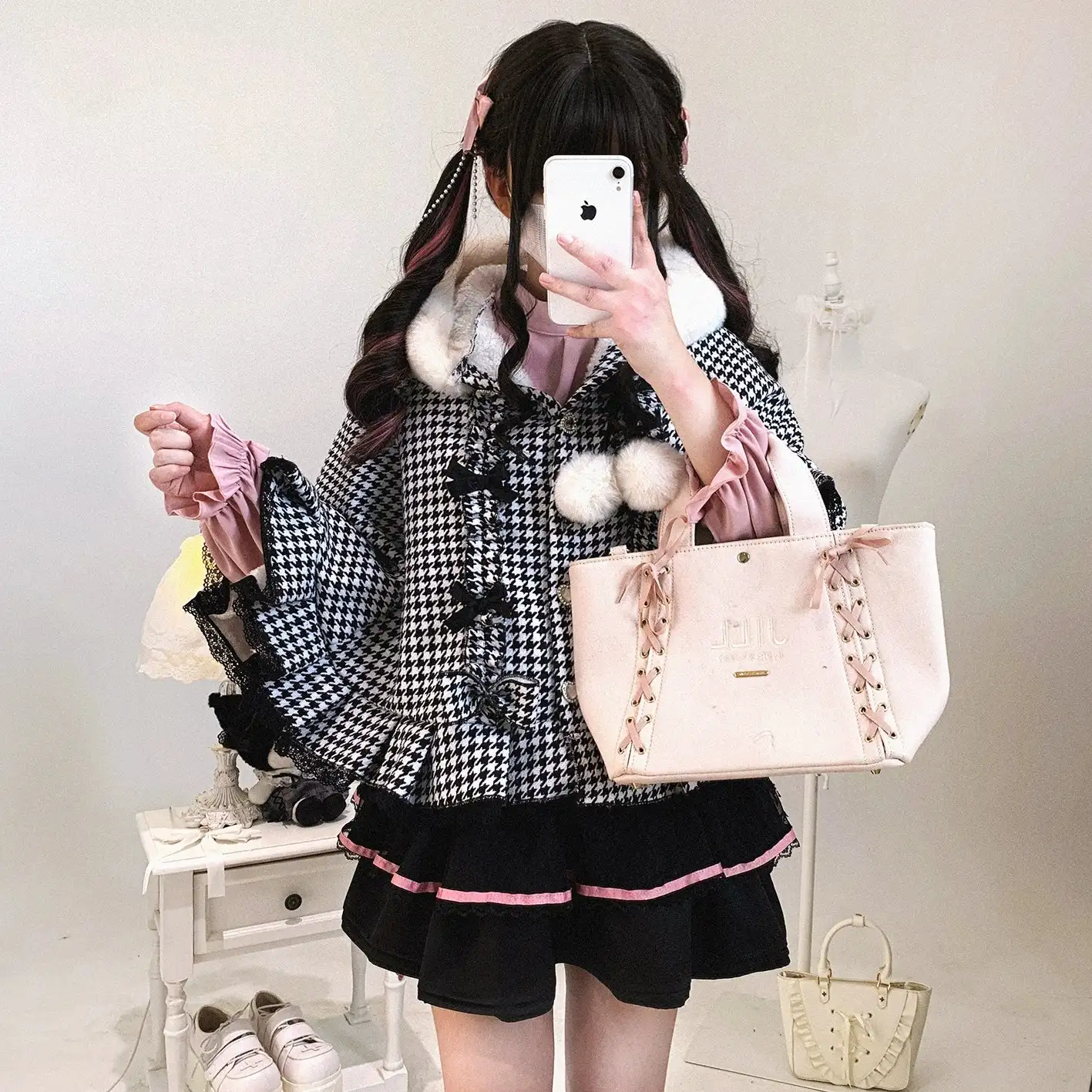 Kitten Bullet Pompom Sweetheart Houndstooth Cape Cloak - Image 7