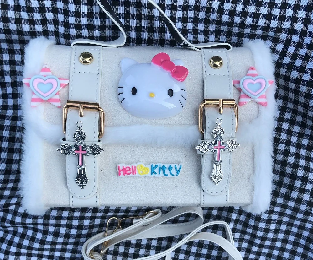 Kitty Cat Silver Cross Sweet White Cream Satchel Bag - Image 3
