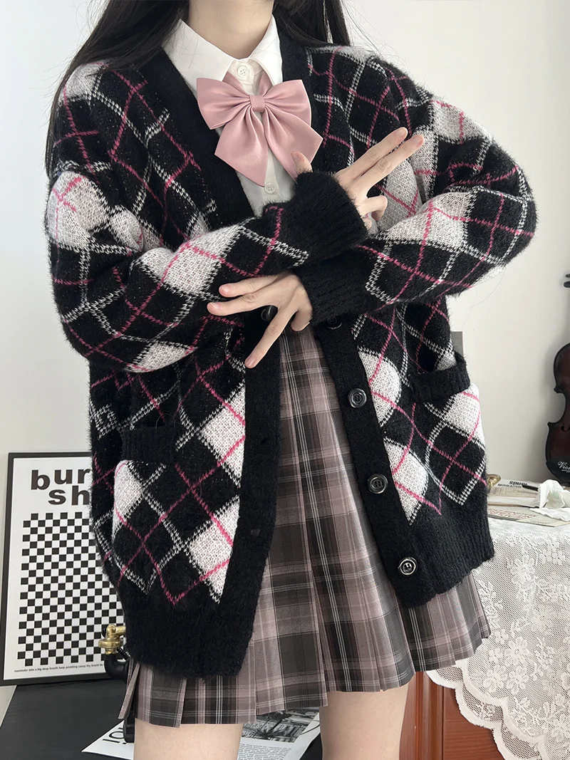 Blue White & Black Pink Diamond Argyle Pattern Cardigan - Image 3