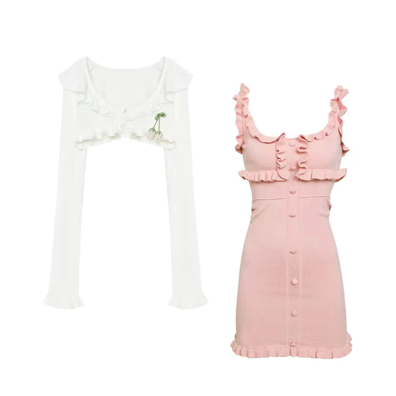 Serendipity Pink Ruffle Dress White Strawberry Cardigan Two Piece Set - Image 2