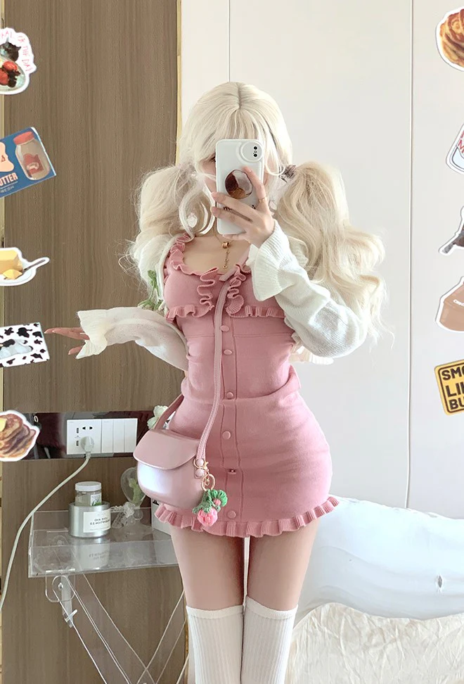 Serendipity Pink Ruffle Dress White Strawberry Cardigan Two Piece Set - Image 3