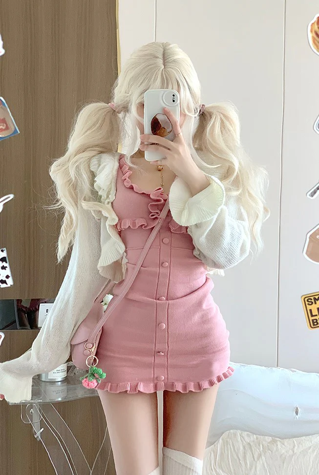 Serendipity Pink Ruffle Dress White Strawberry Cardigan Two Piece Set - Image 5