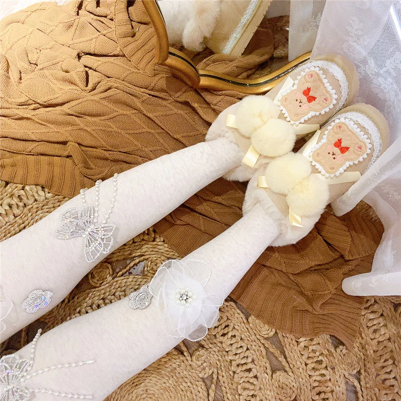 Pinky Lace Coquette Bear Plush Winter Snow Cream Short Boots Shoes - Image 3