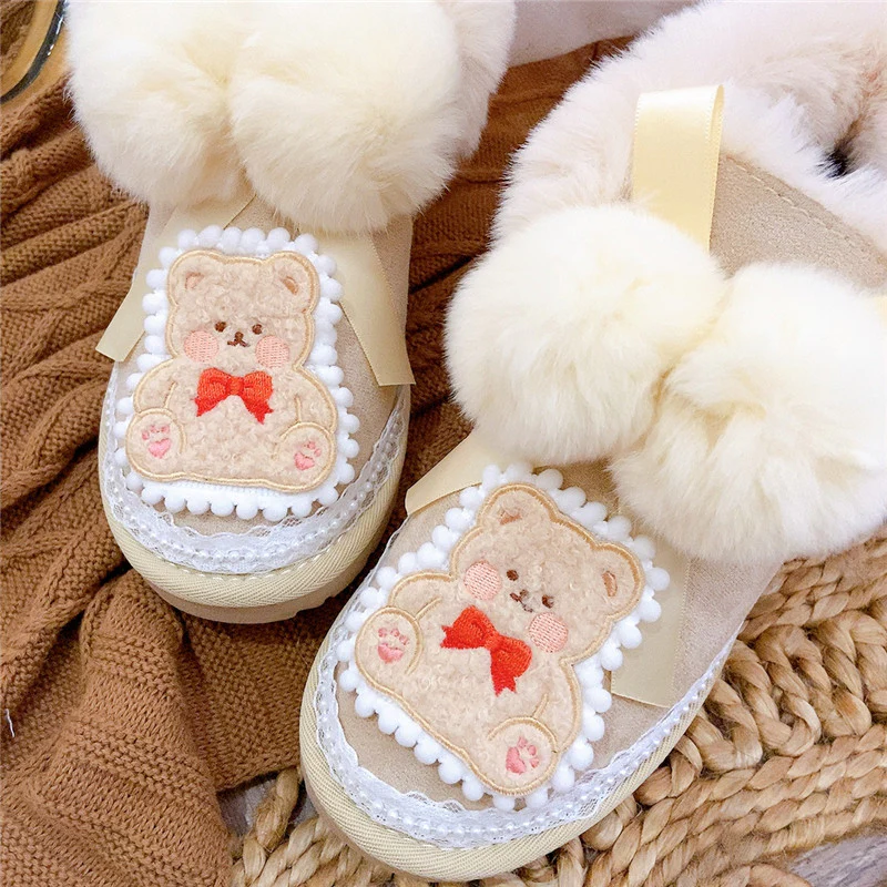 Pinky Lace Coquette Bear Plush Winter Snow Cream Short Boots Shoes - Image 4