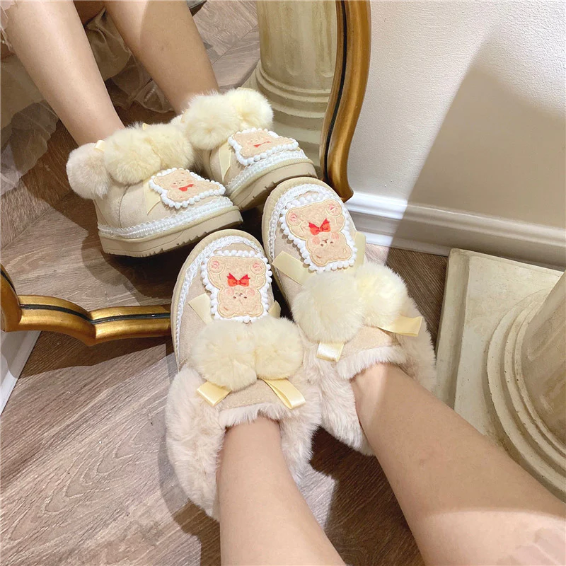 Pinky Lace Coquette Bear Plush Winter Snow Cream Short Boots Shoes - Image 5