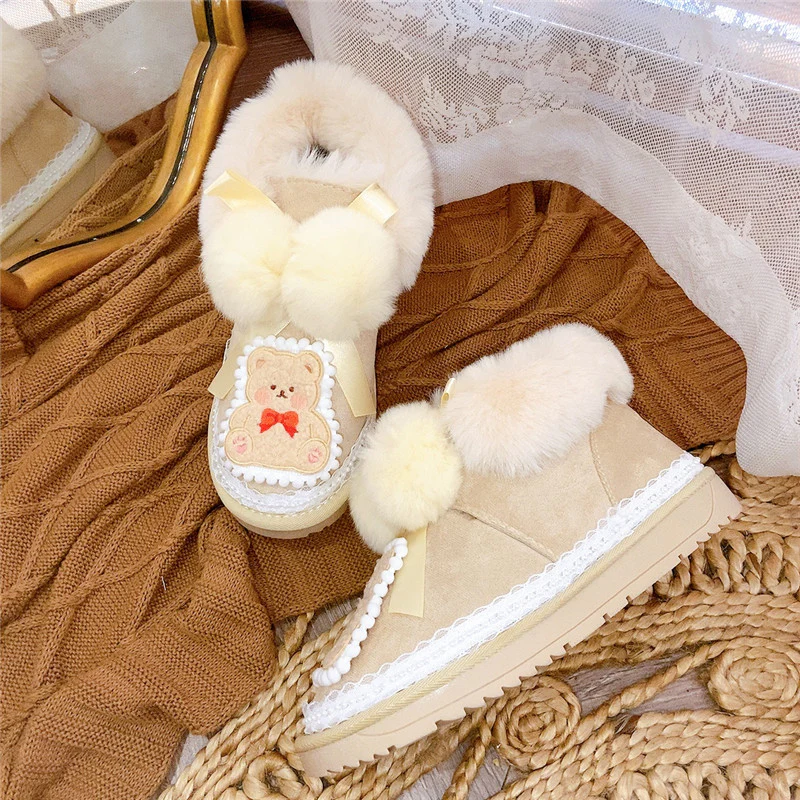 Pinky Lace Coquette Bear Plush Winter Snow Cream Short Boots Shoes - Image 6