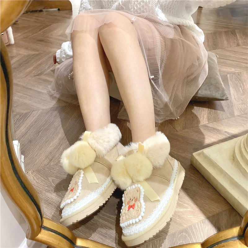 Pinky Lace Coquette Bear Plush Winter Snow Cream Short Boots Shoes - Image 7