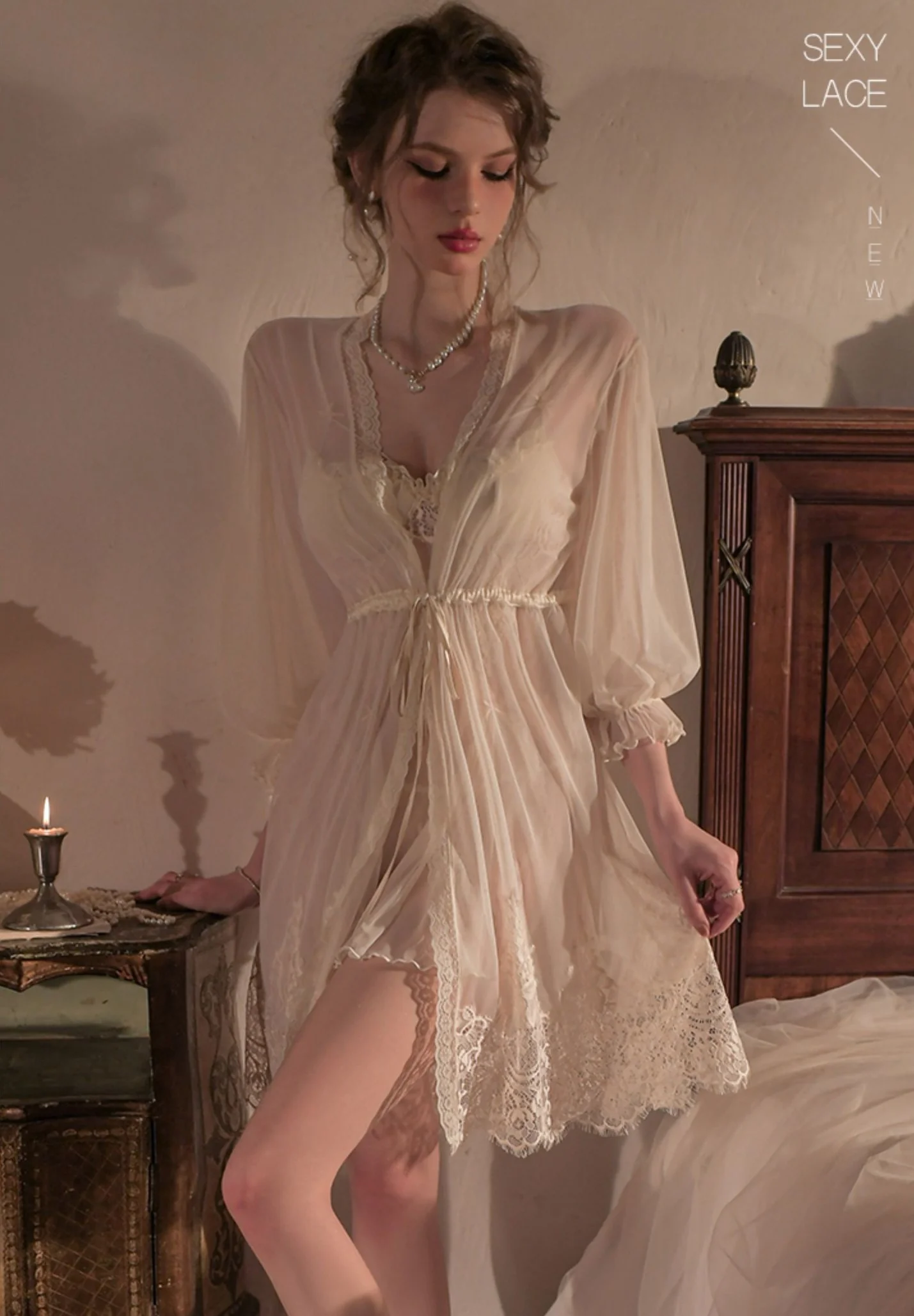 Lace See Through Black White Lingerie Nightdress Robe - Image 4